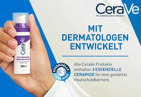 CeraVe Serum in Hand. Text: Mit Dermatologen entwickelt. 3 essentielle Ceramide.